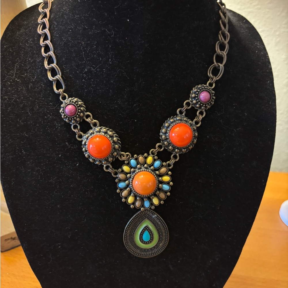 Vintage Style Statement Necklace with Orange and Blue Accents